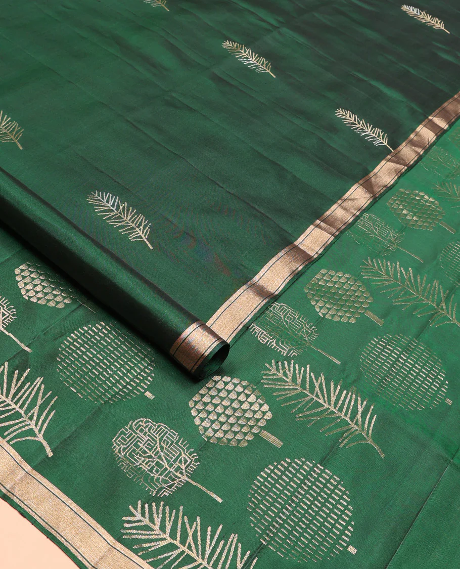 Green leaf buttas Mayuri soft silk saree, piping zari border, and pallu steeped with unique leaf motifs - Image 2