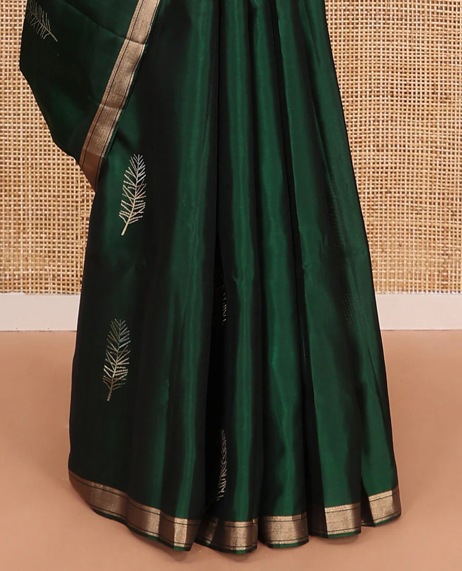 Green leaf buttas Mayuri soft silk saree, piping zari border, and pallu steeped with unique leaf motifs - Image 4