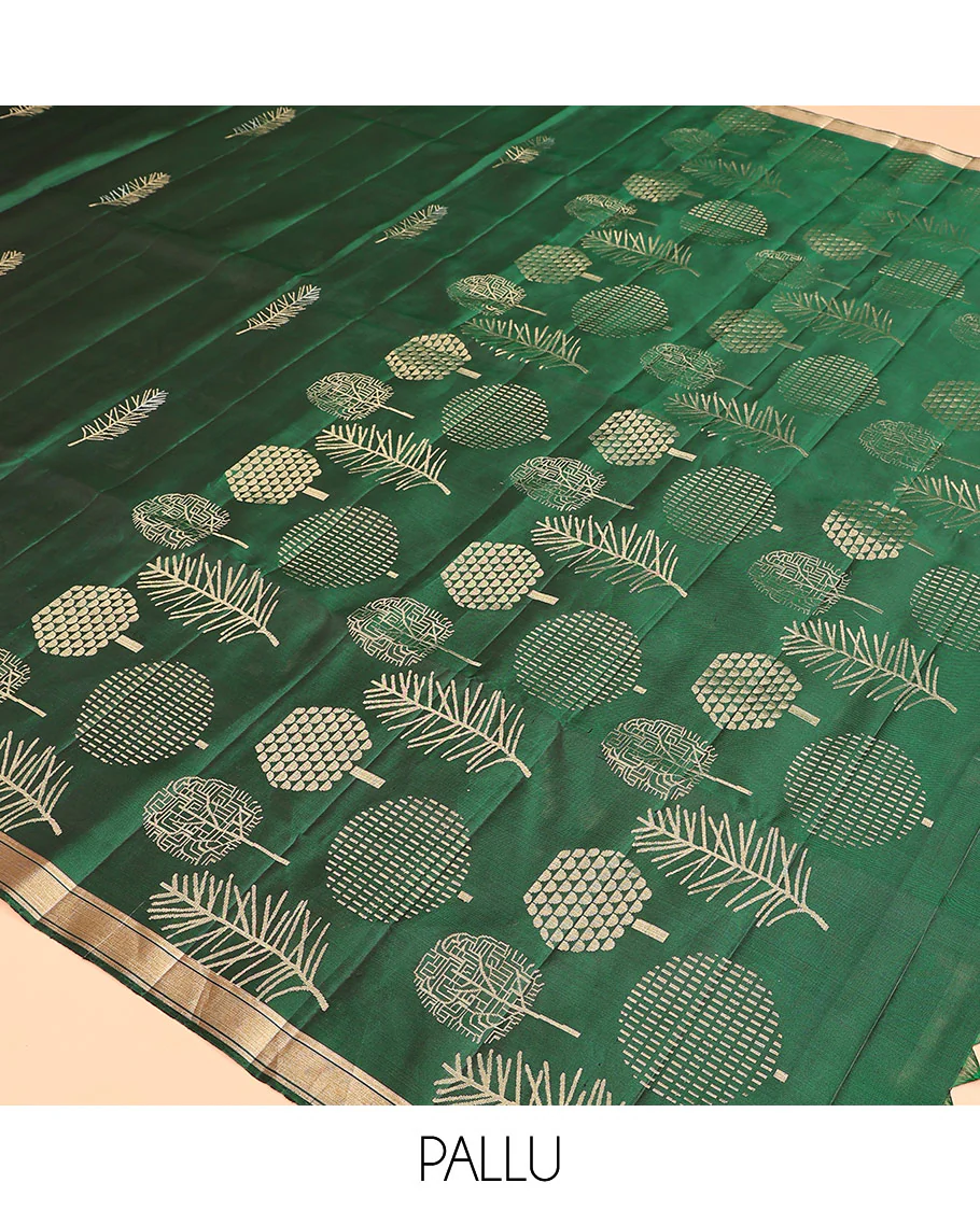 Green leaf buttas Mayuri soft silk saree, piping zari border, and pallu steeped with unique leaf motifs - Image 5