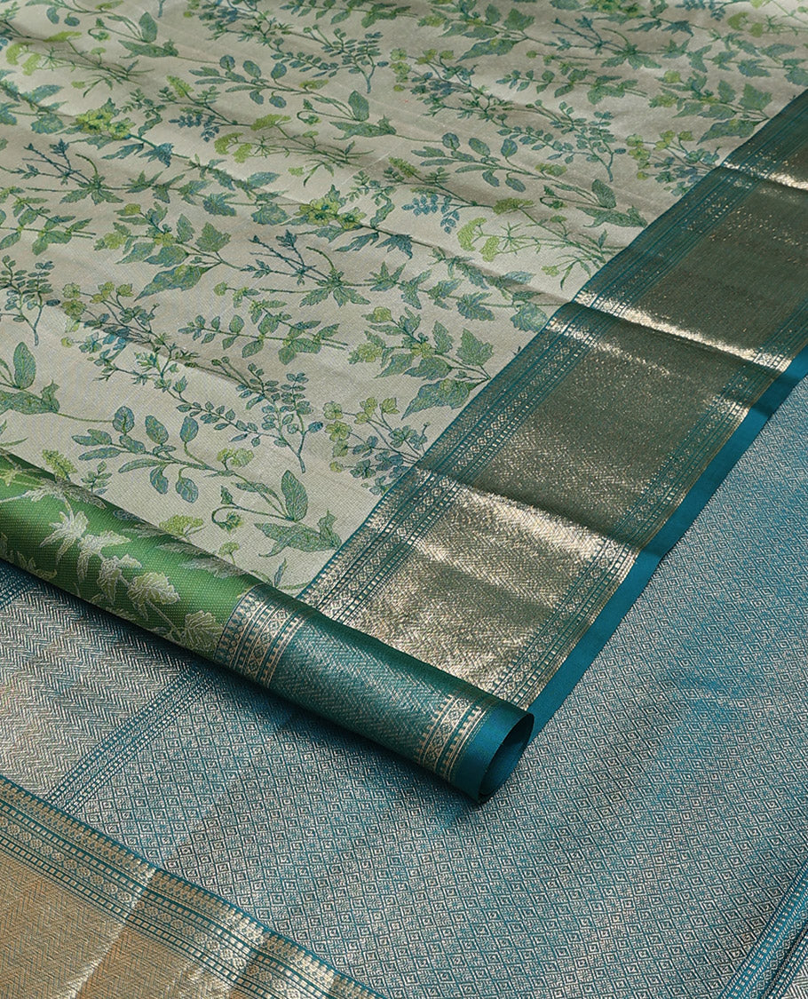 Green leaf printed Parampara silk saree, contrast border of thilakam mokku, muthu, diamond, and vanki designs, and jaal pallu - Image 2