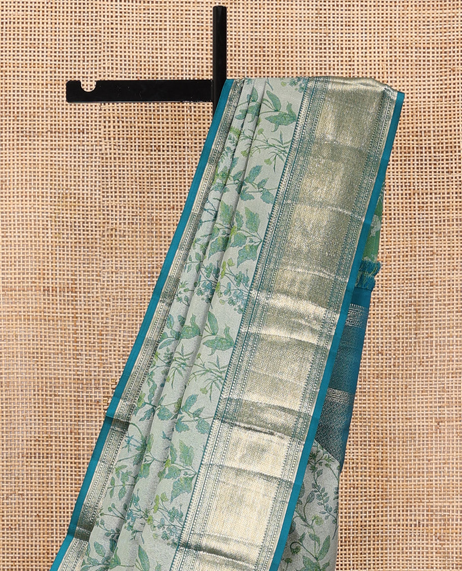 Green leaf printed Parampara silk saree, contrast border of thilakam mokku, muthu, diamond, and vanki designs, and jaal pallu - Image 4