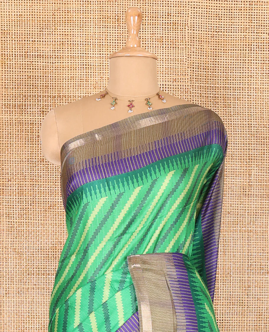 Green leheriya stripes printed katan silk saree, contrast zari piping temple border, temple pallu, and a contrast square buttas printed blouse - Image 3