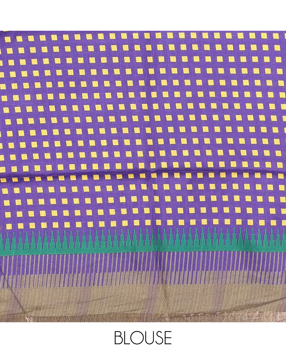 Green leheriya stripes printed katan silk saree, contrast zari piping temple border, temple pallu, and a contrast square buttas printed blouse - Image 4