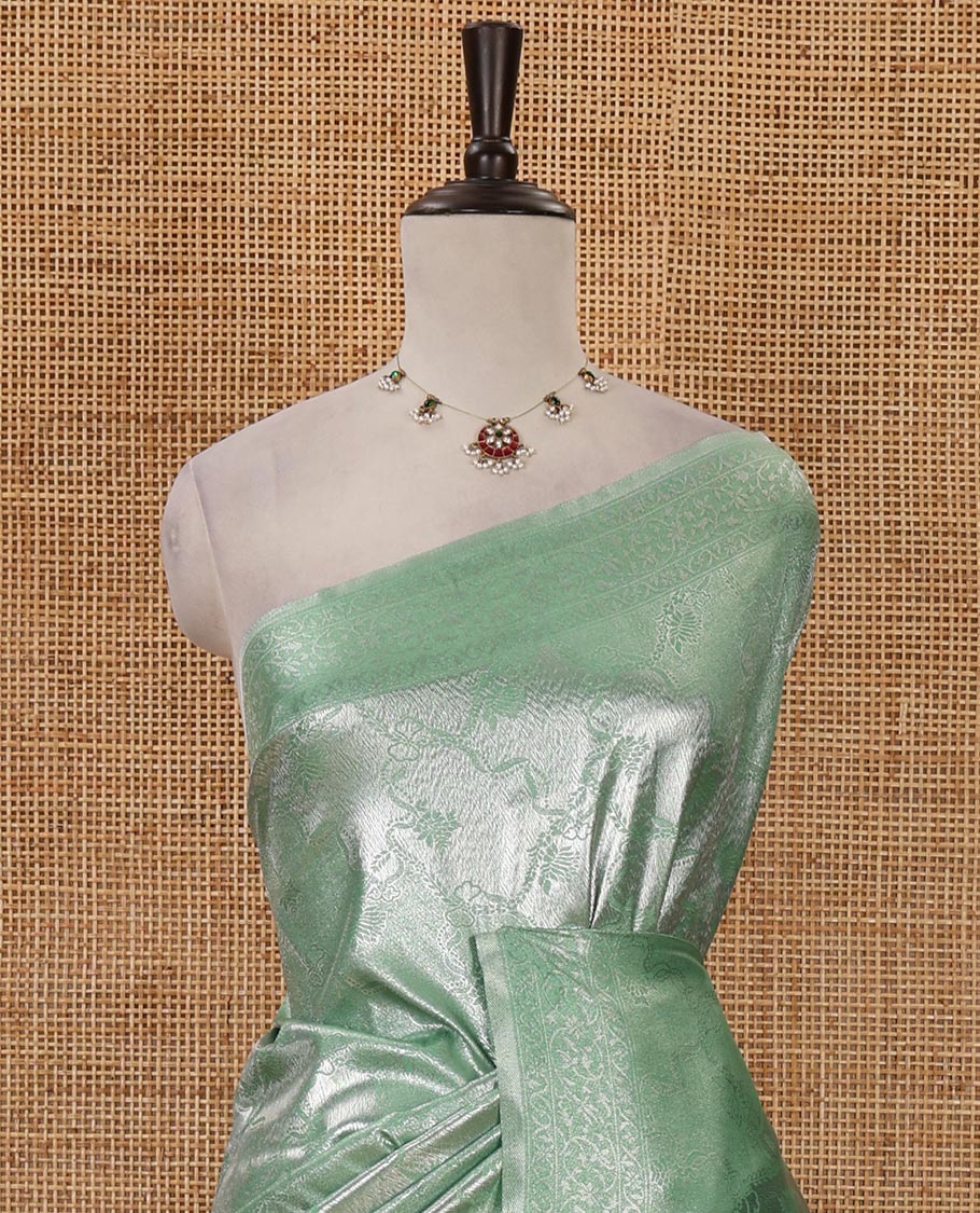 Green lotus zari jacquard softy saree, floral vine zari border, zari woven floral design pallu & matching zari jacquard blouse - Image 3