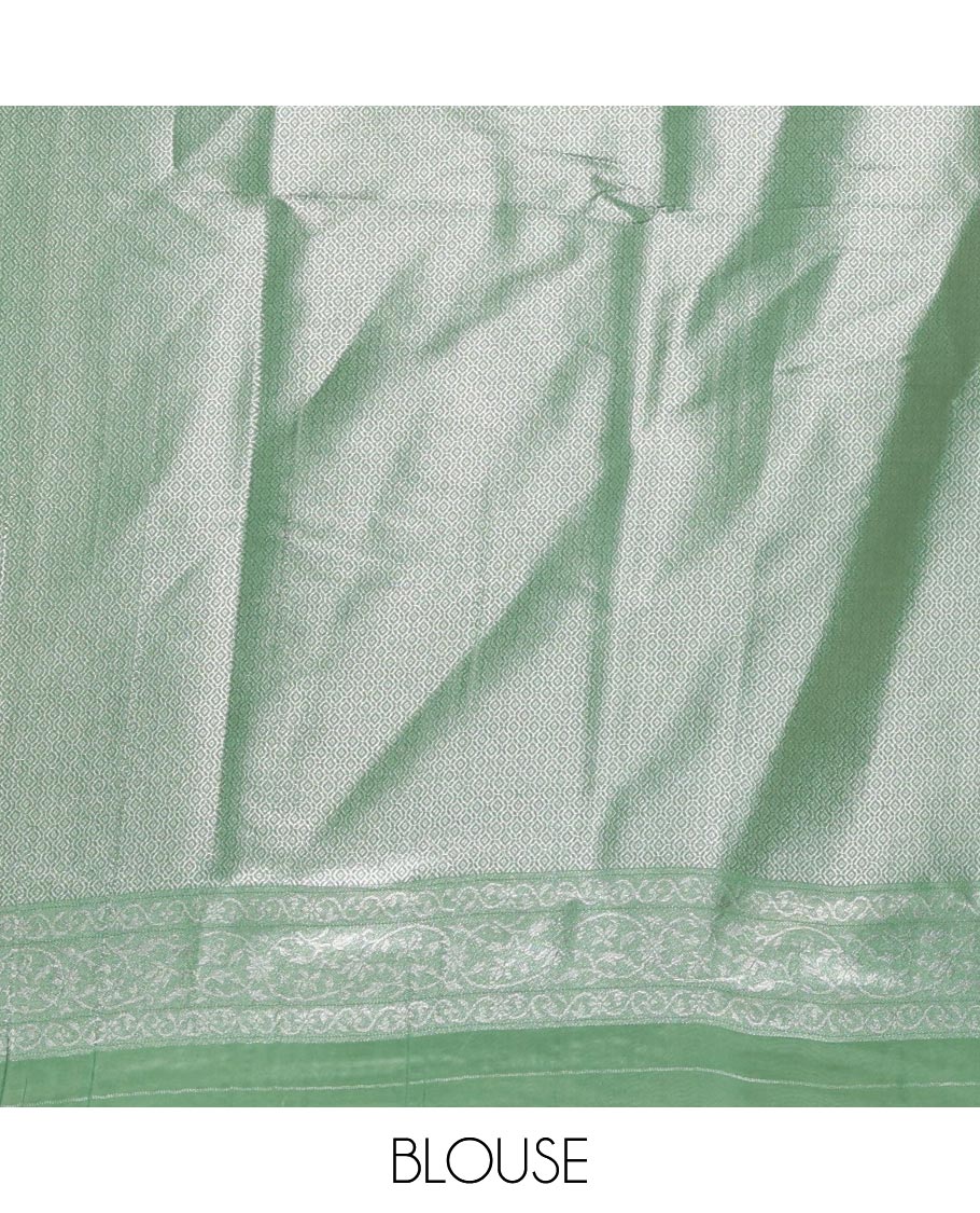 Green lotus zari jacquard softy saree, floral vine zari border, zari woven floral design pallu & matching zari jacquard blouse - Image 4