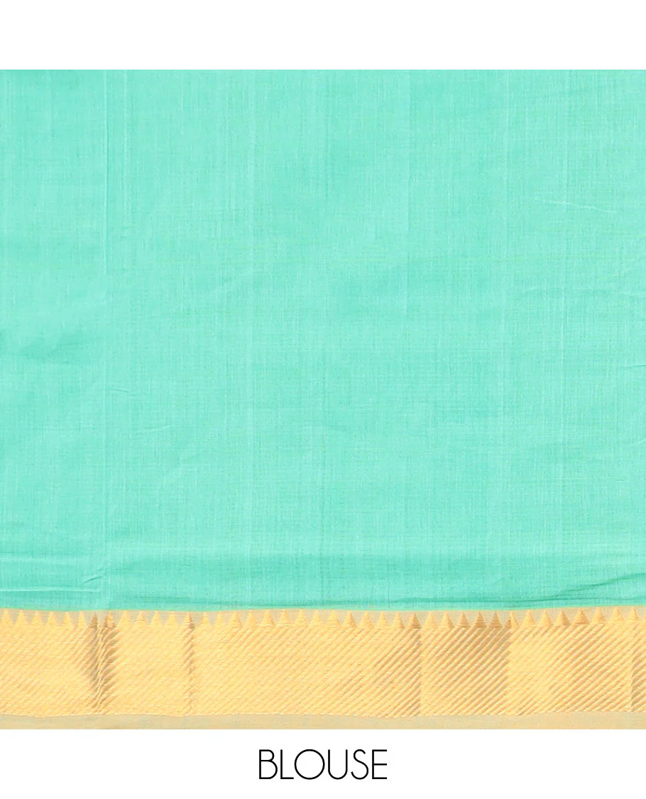 Green mangalagiri cotton saree with contrast striped, temple border & striped pallu - Image 3