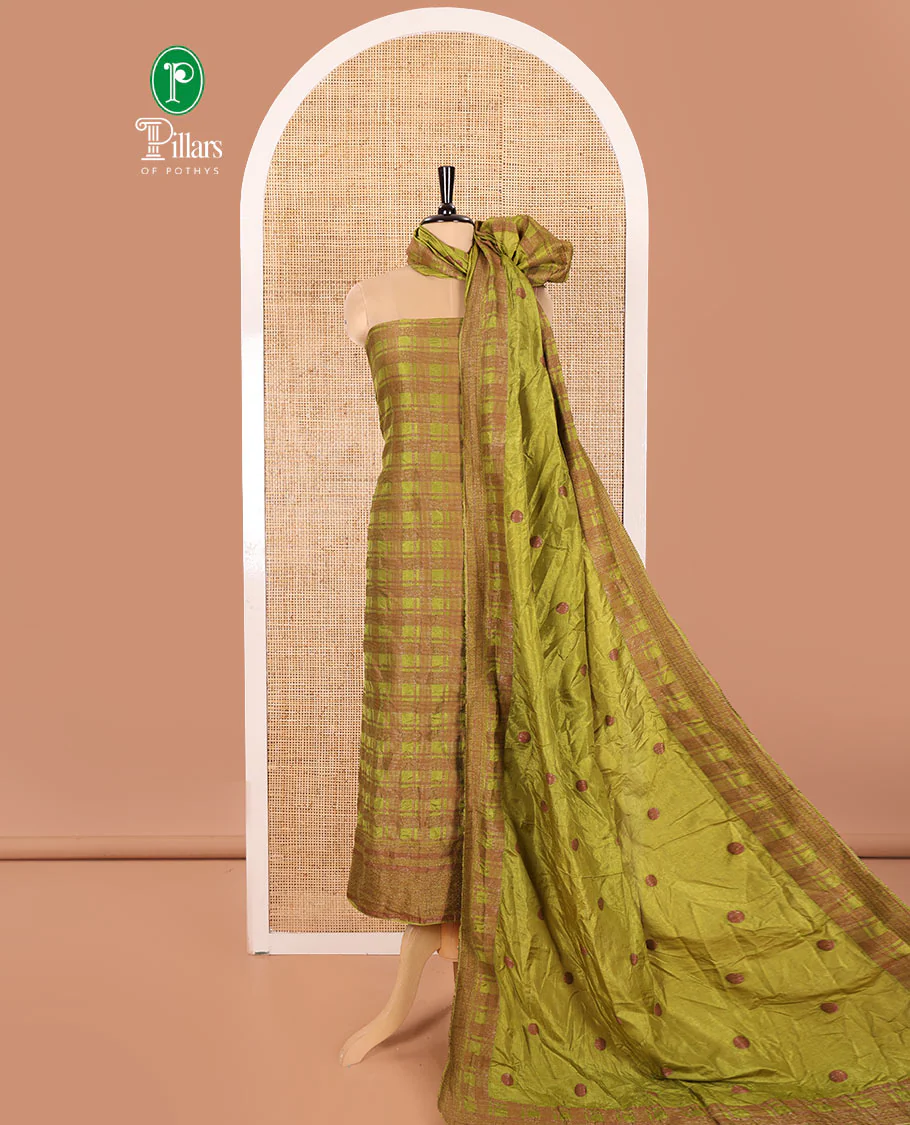 Green Material Chudidar Set Embellished with Copper Zari Checks Semi-Modal Silk Top, Subtly Made Plain Santoon Bottom, and a Semi-Modal Dupatta Featuring Polka Dots in Zari