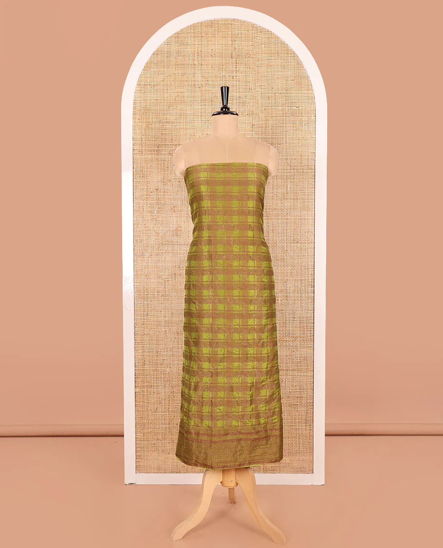 Green Material Chudidar Set Embellished with Copper Zari Checks Semi-Modal Silk Top, Subtly Made Plain Santoon Bottom, and a Semi-Modal Dupatta Featuring Polka Dots in Zari - Image 3