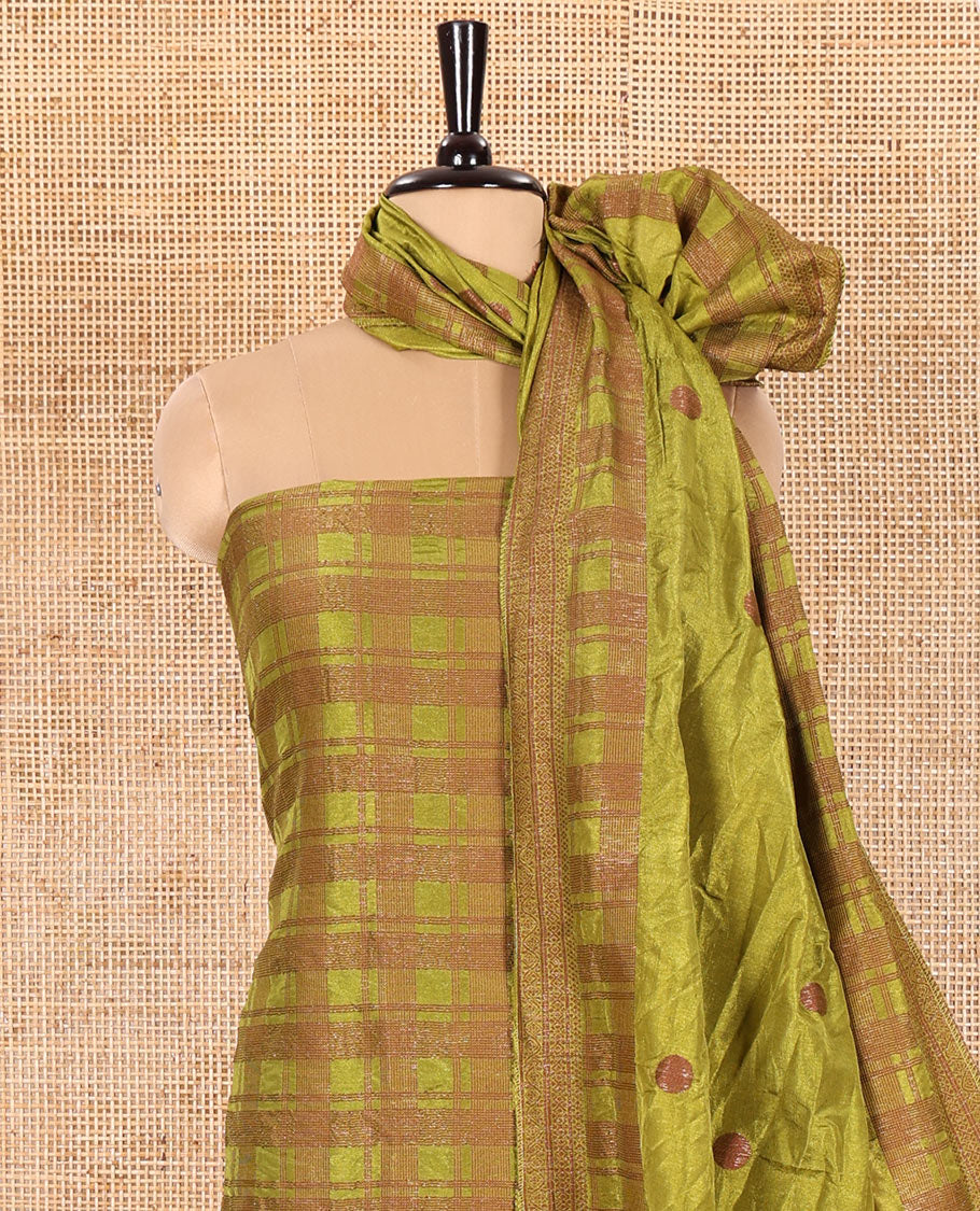 Green Material Chudidar Set Embellished with Copper Zari Checks Semi-Modal Silk Top, Subtly Made Plain Santoon Bottom, and a Semi-Modal Dupatta Featuring Polka Dots in Zari - Image 4