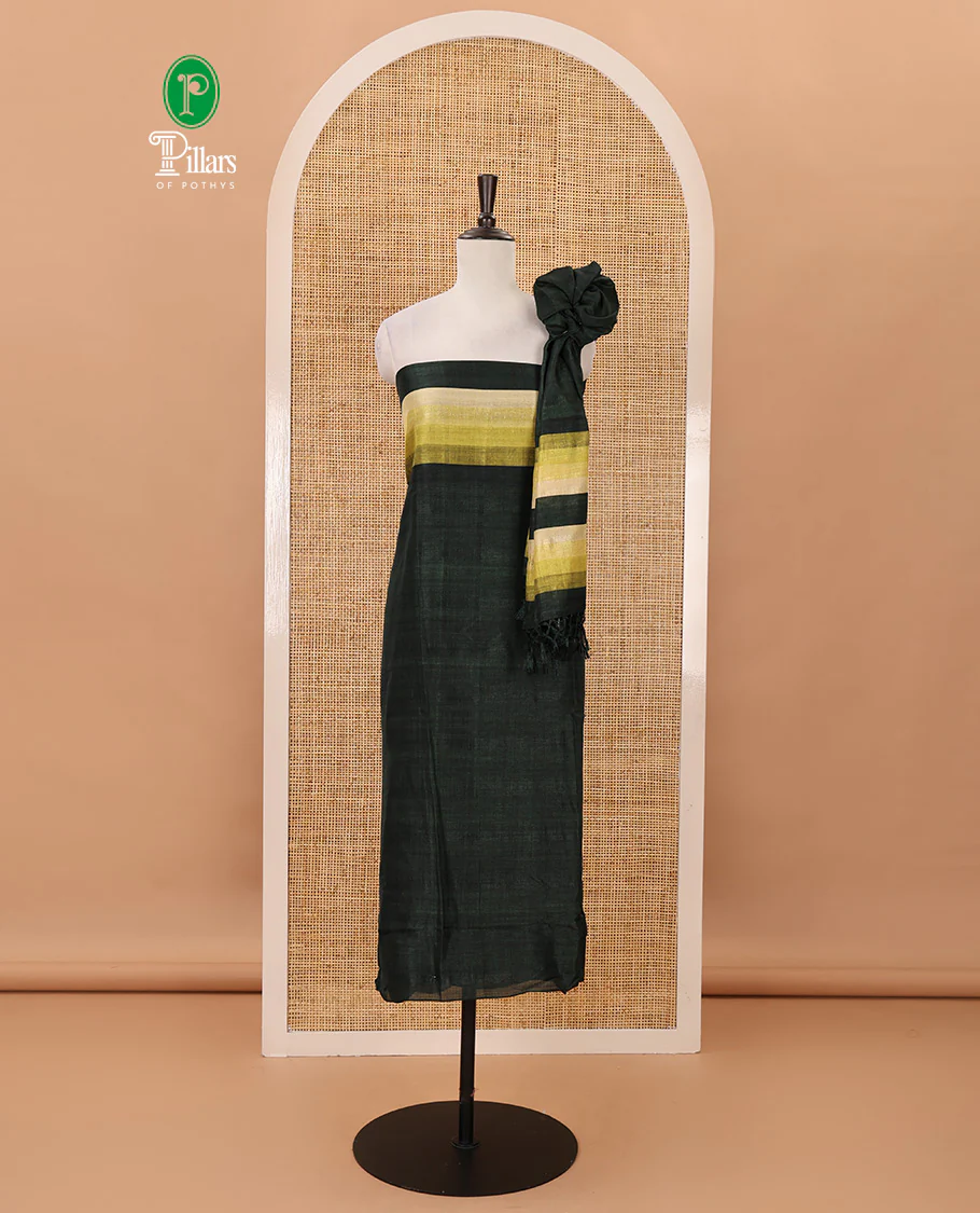 Green material chudidar set, horizontal ombre striped semi-tussar top, plain santoon bottom & horizontal ombre striped dupatta with tassels