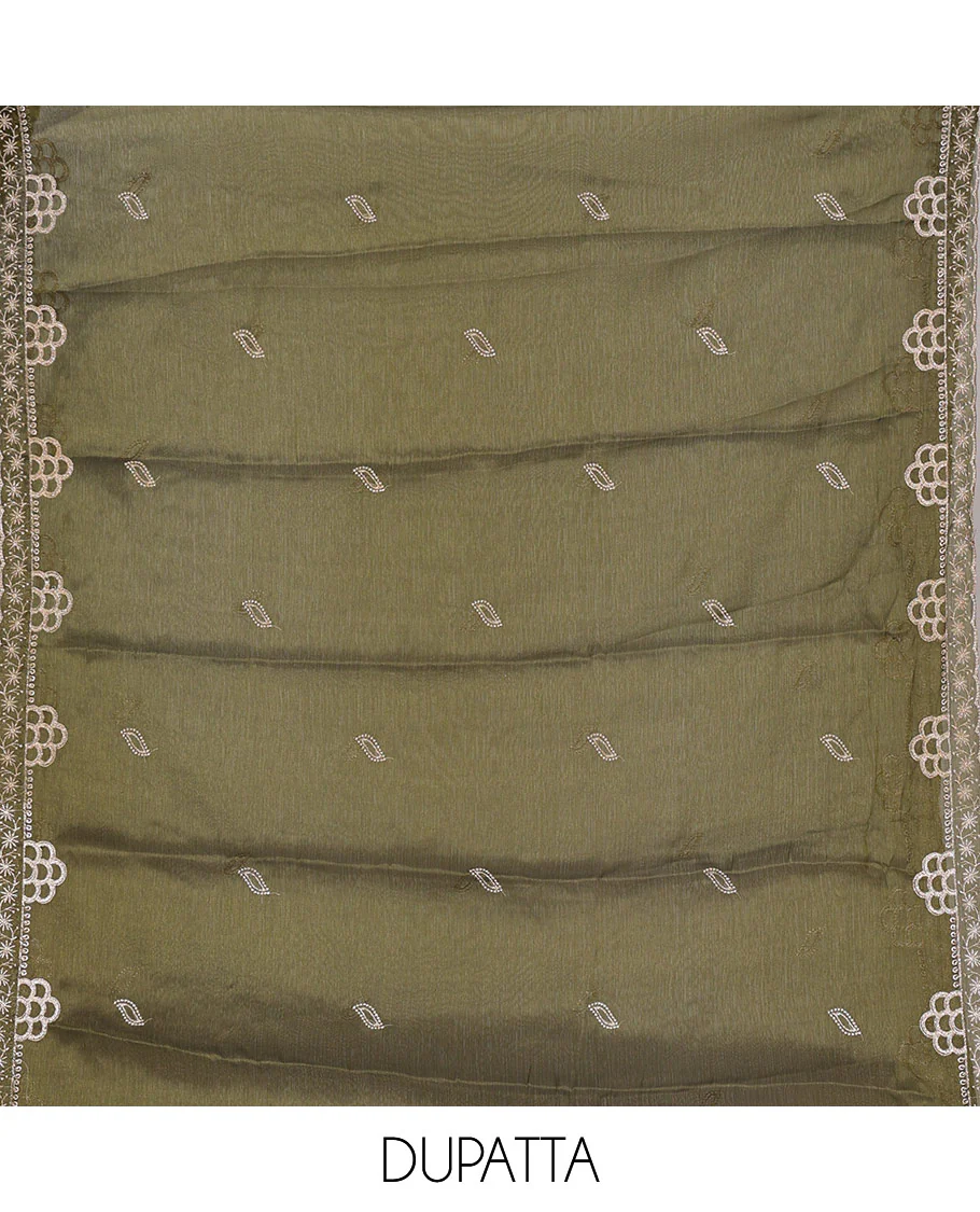 Green material chudidar set, intricate thread embroidered with stone work velvet organza top, a matching santoon bottom, and a embroidered velvet organza dupatta - Image 5