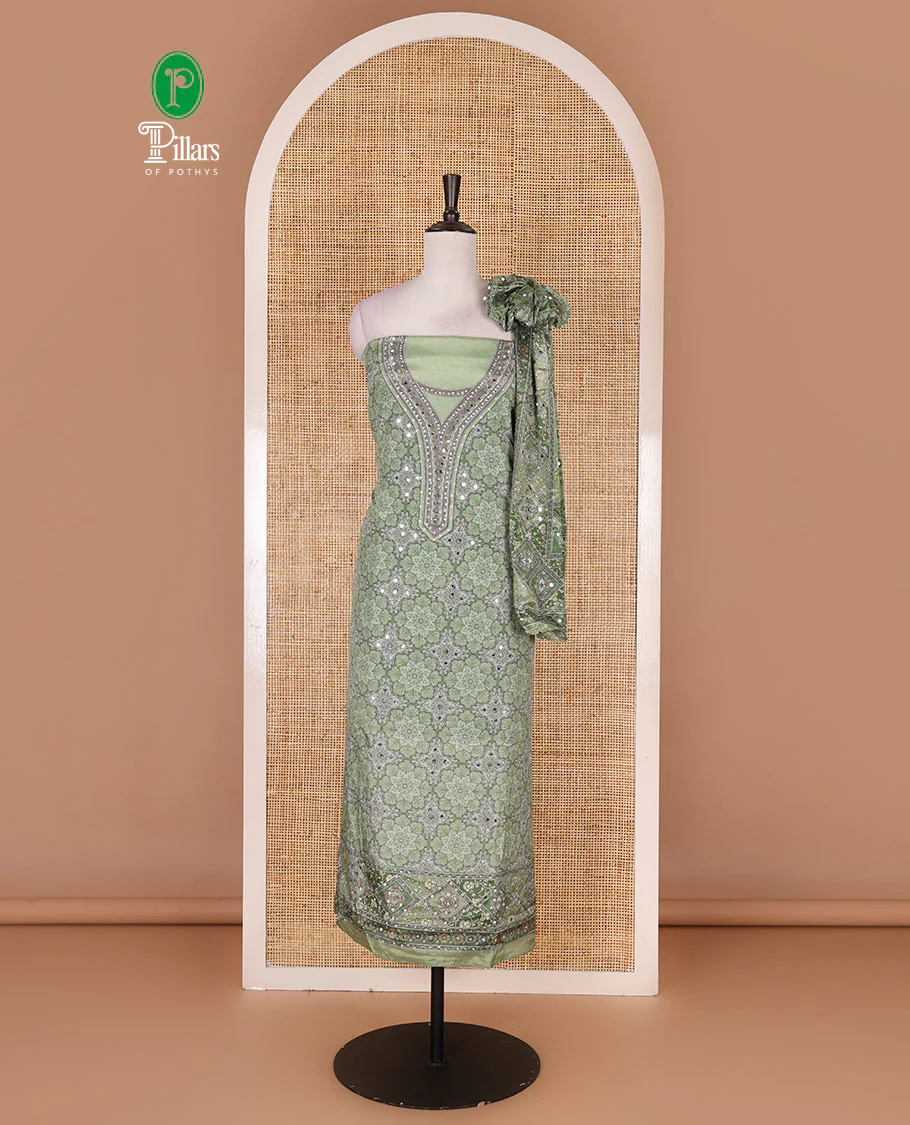 Green material chudidar set, intricately printed with original mirror work crepe top, Italian crepe bottom, and chinon digital print, mirror work dupatta