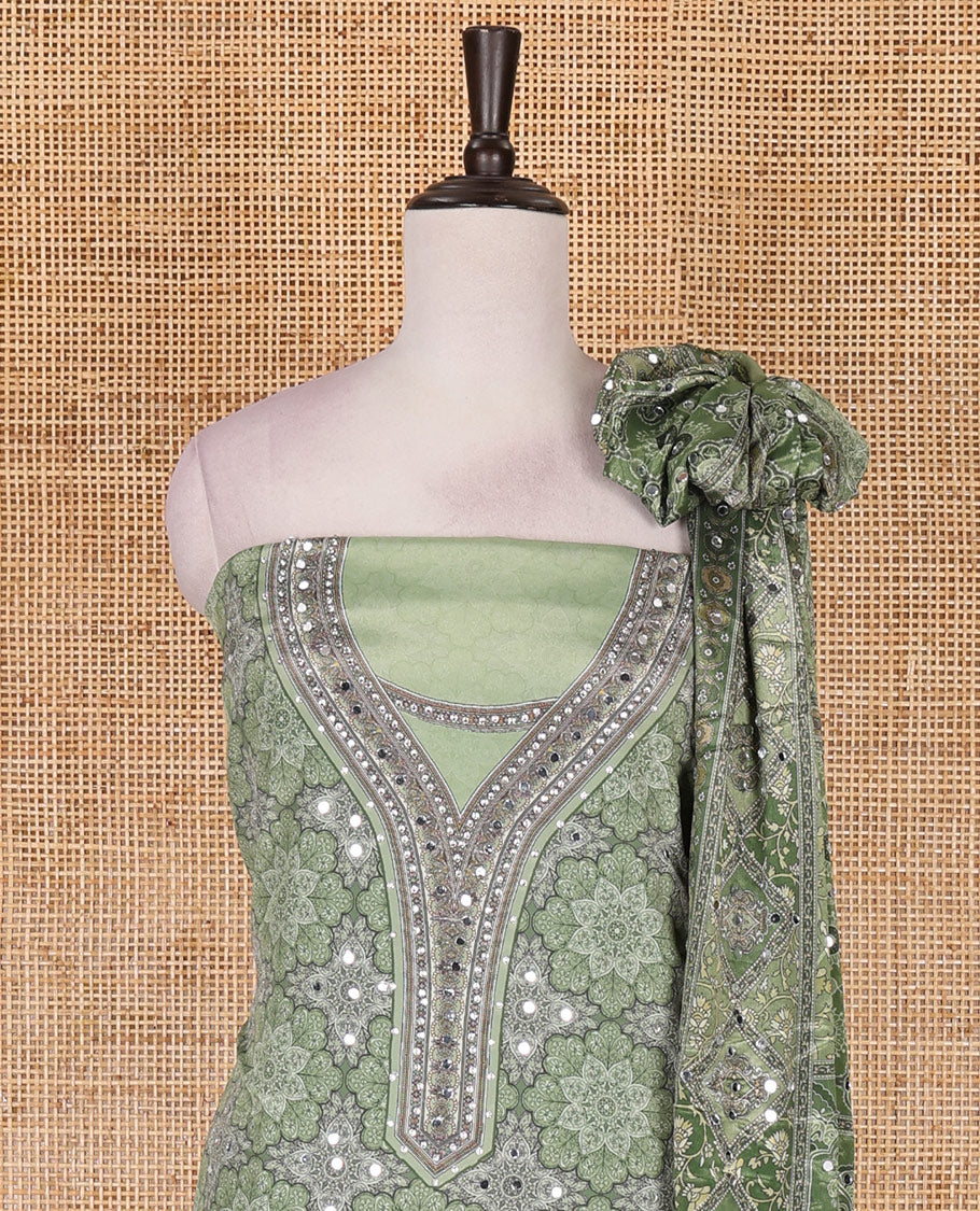 Green material chudidar set, intricately printed with original mirror work crepe top, Italian crepe bottom, and chinon digital print, mirror work dupatta - Image 3