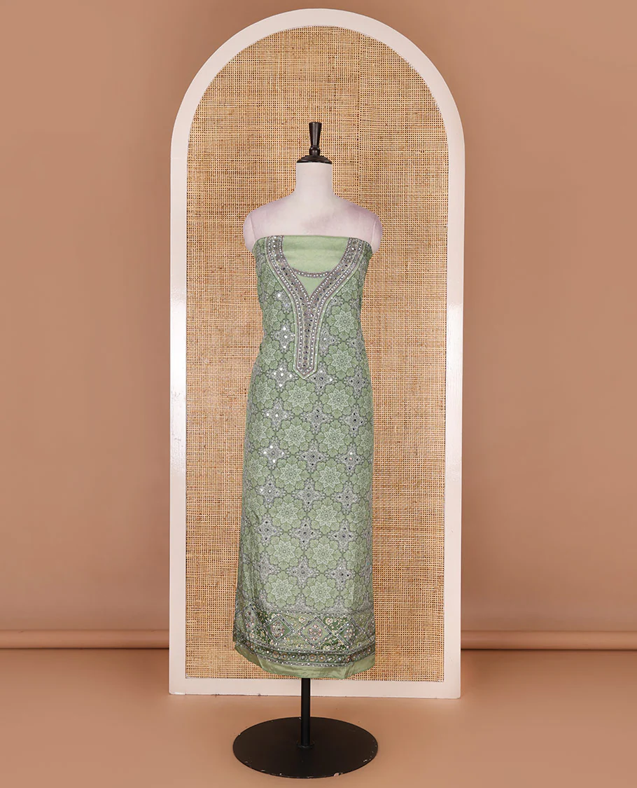Green material chudidar set, intricately printed with original mirror work crepe top, Italian crepe bottom, and chinon digital print, mirror work dupatta - Image 4