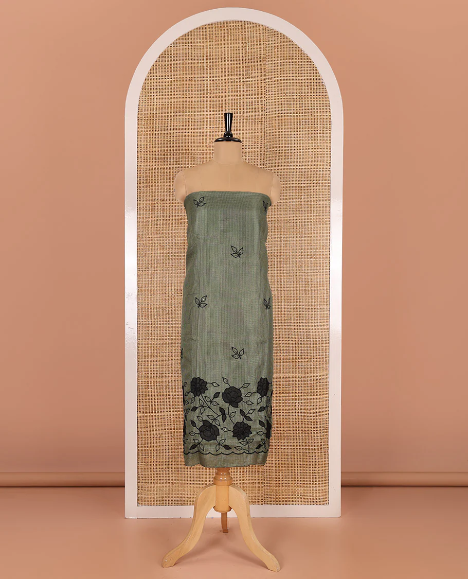 Green material chudidar set, leaf-floral motifs thread and sequins embroidered kota cotton top, a matching bottom, and a leaf motifs thread and sequins embroidered dupatta - Image 2