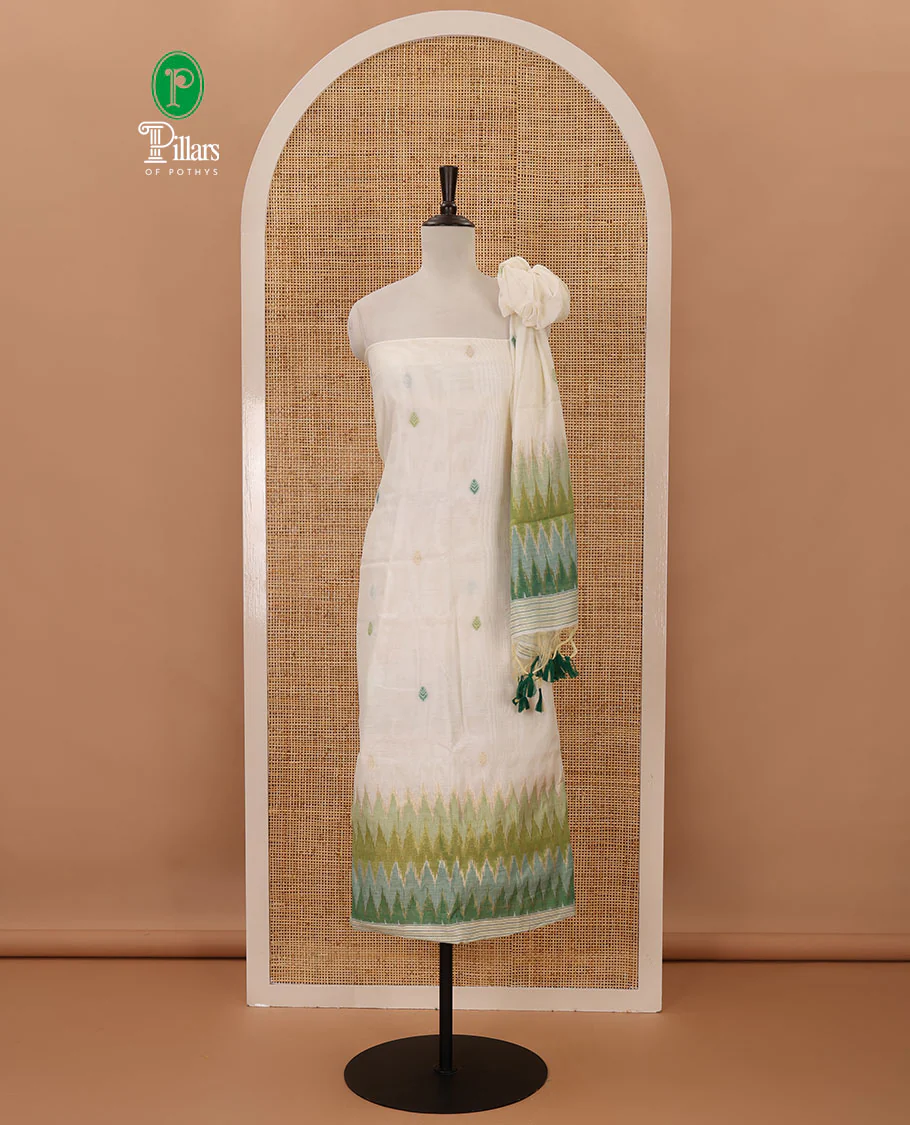 Green material chudidar set,meena butta & ombre zig-zag print mul chanderi top,plain bottom & mul chanderi dupatta of meena butta & ombre zig-zag print