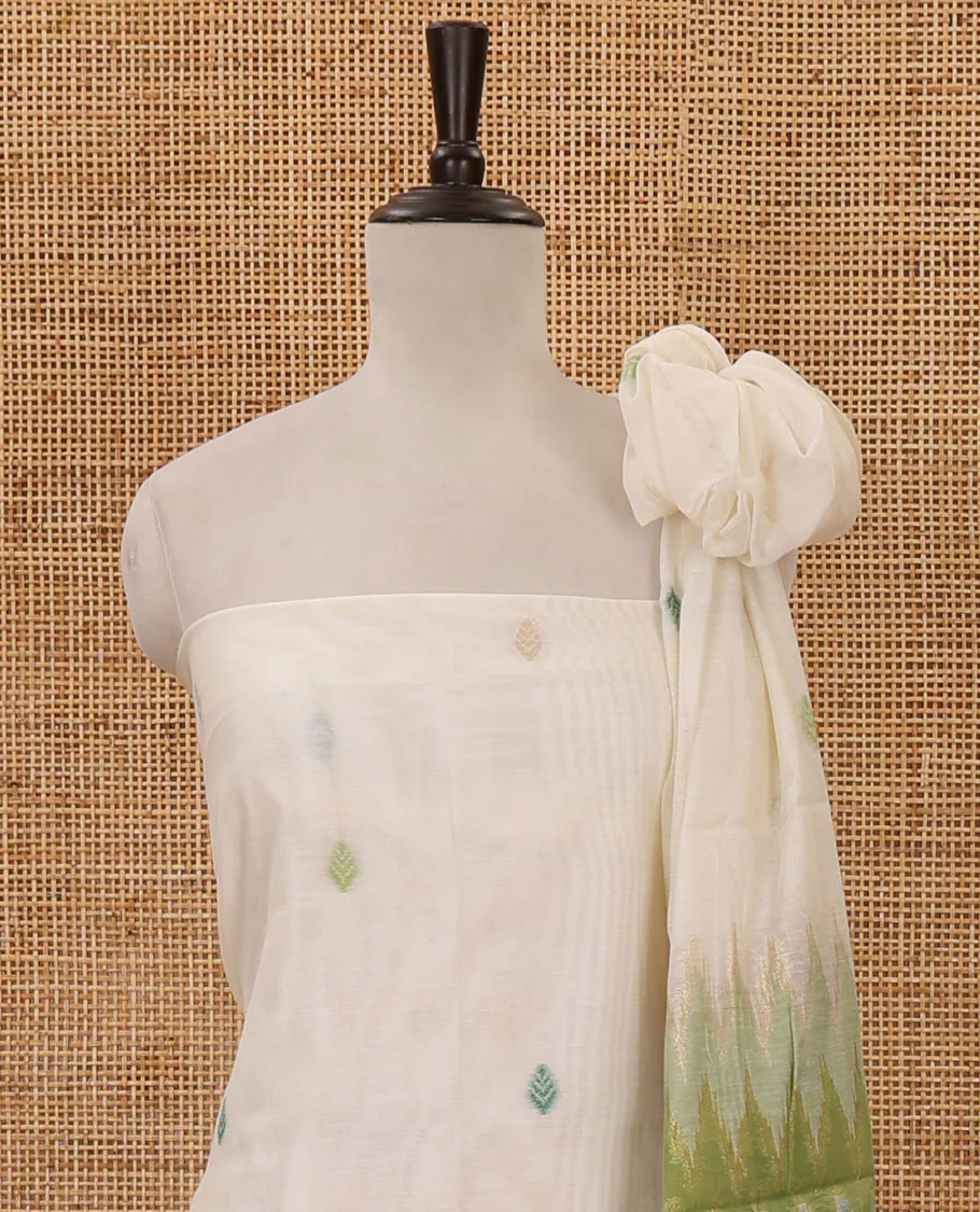 Green material chudidar set,meena butta & ombre zig-zag print mul chanderi top,plain bottom & mul chanderi dupatta of meena butta & ombre zig-zag print - Image 3