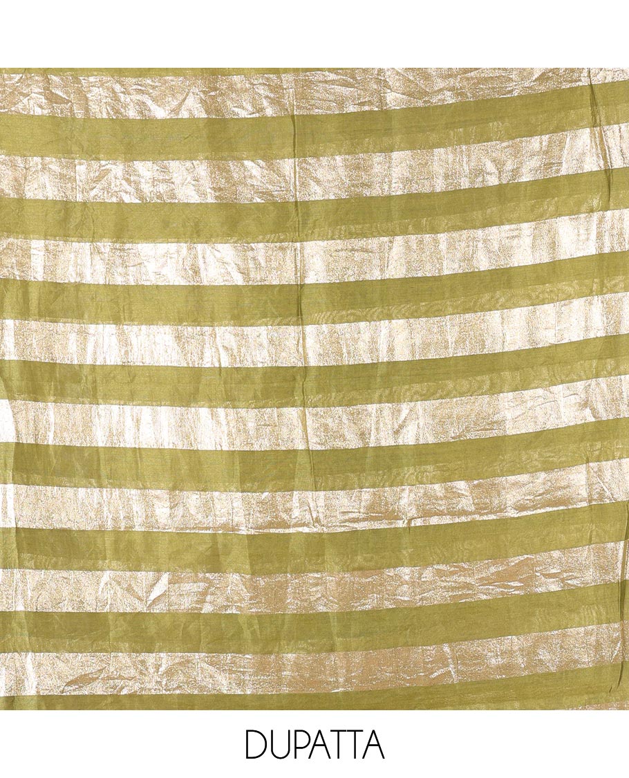 Green material chudidar set, plain with pom-pom tasseled mul chanderi top, a matching bottom, and organza dupatta of stripes - Image 2