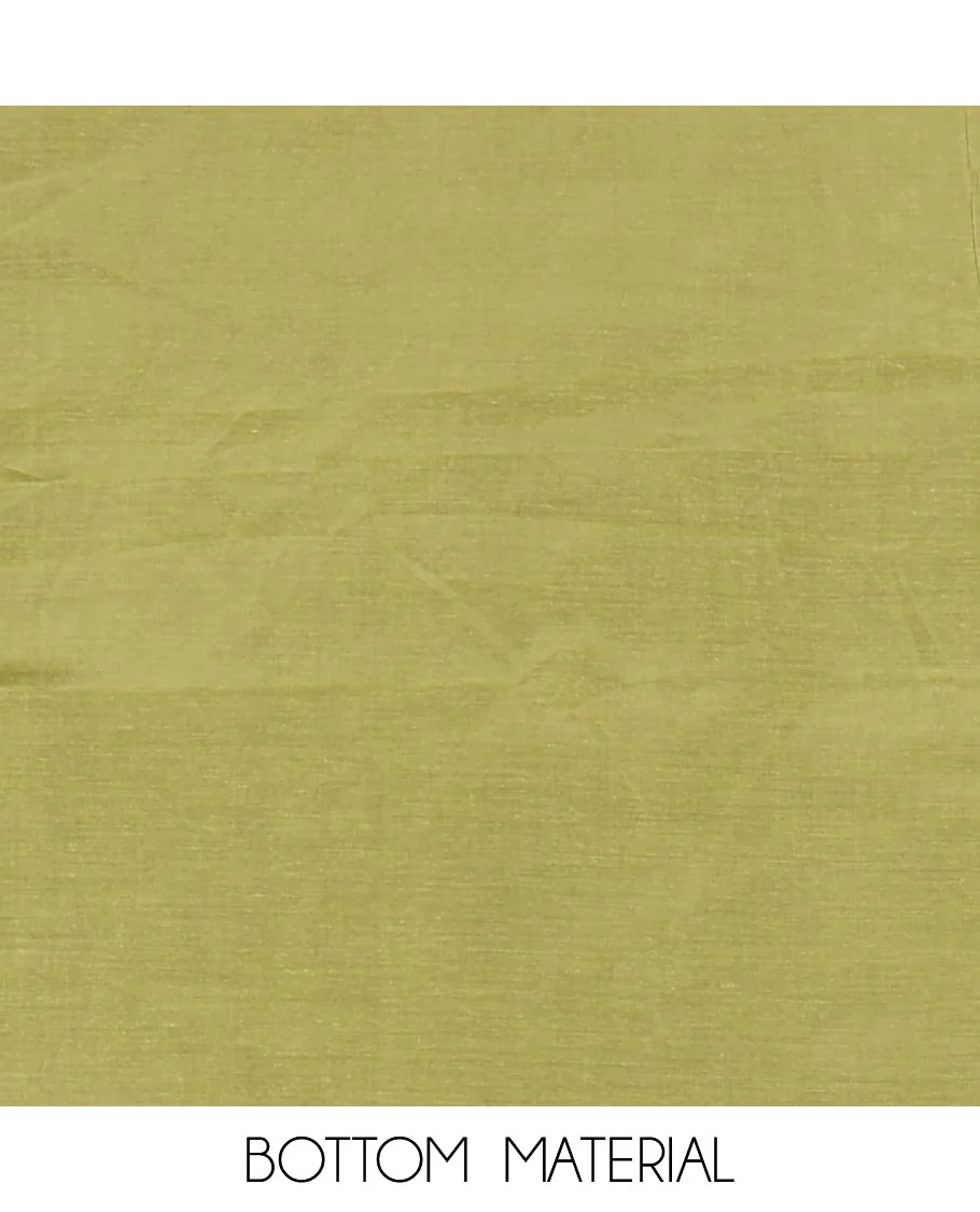 Green material chudidar set, plain with pom-pom tasseled mul chanderi top, a matching bottom, and organza dupatta of stripes - Image 5