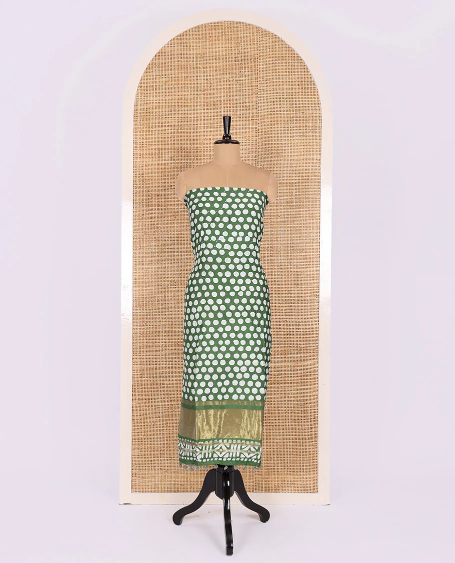 Green material chudidar set, polka dots batik printed modal chanderi top, batik motifs printed bottom, and a batik motifs printed modal chanderi dupatta - Image 2