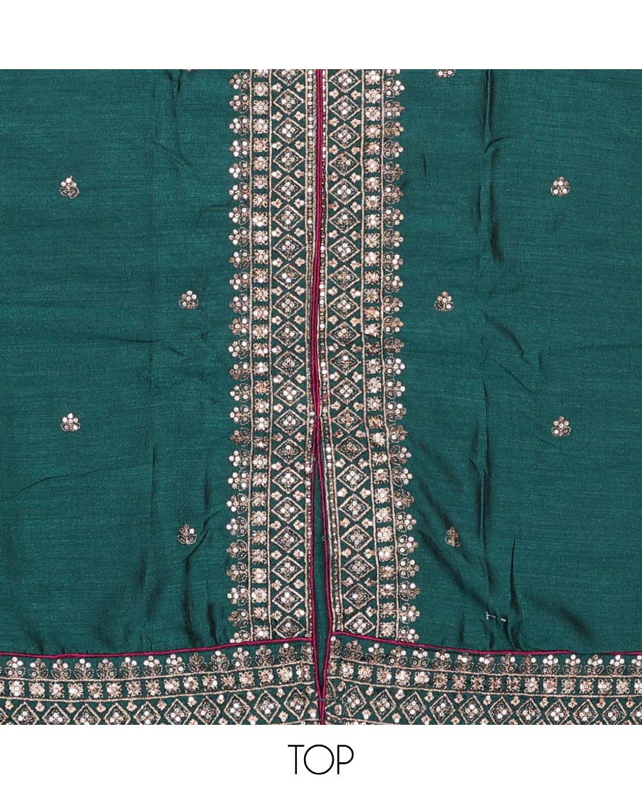 Green material chudidar set, sequins and thread embroidered top, contrast plain bottom, and scallop embroidered dupatta - Image 2