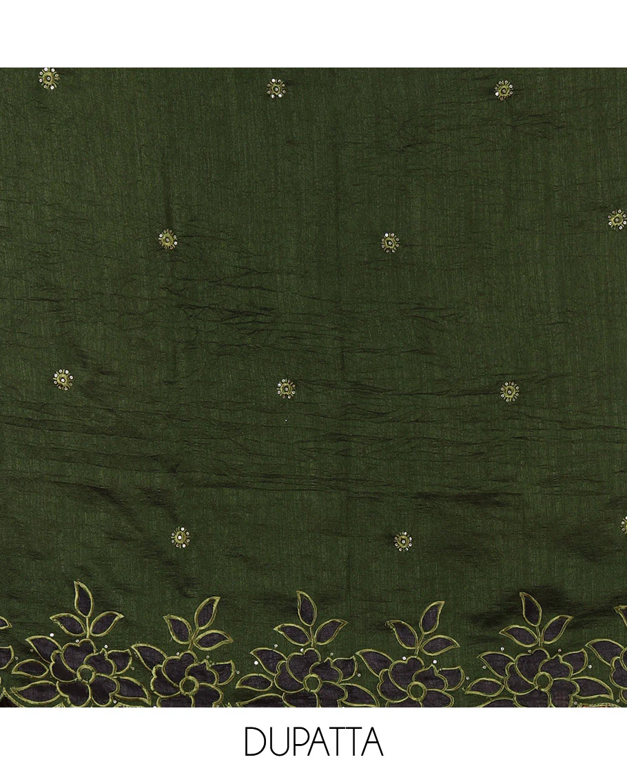 Green material chudidar set, sequins work with floral Aplic embroidered Vichitra silk top, matching bottom, and an embroidered dupatta - Image 2