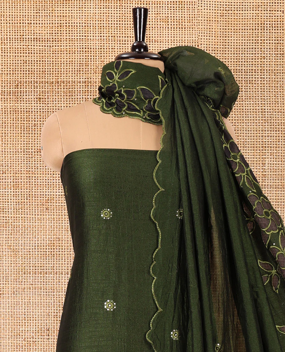 Green material chudidar set, sequins work with floral Aplic embroidered Vichitra silk top, matching bottom, and an embroidered dupatta - Image 3