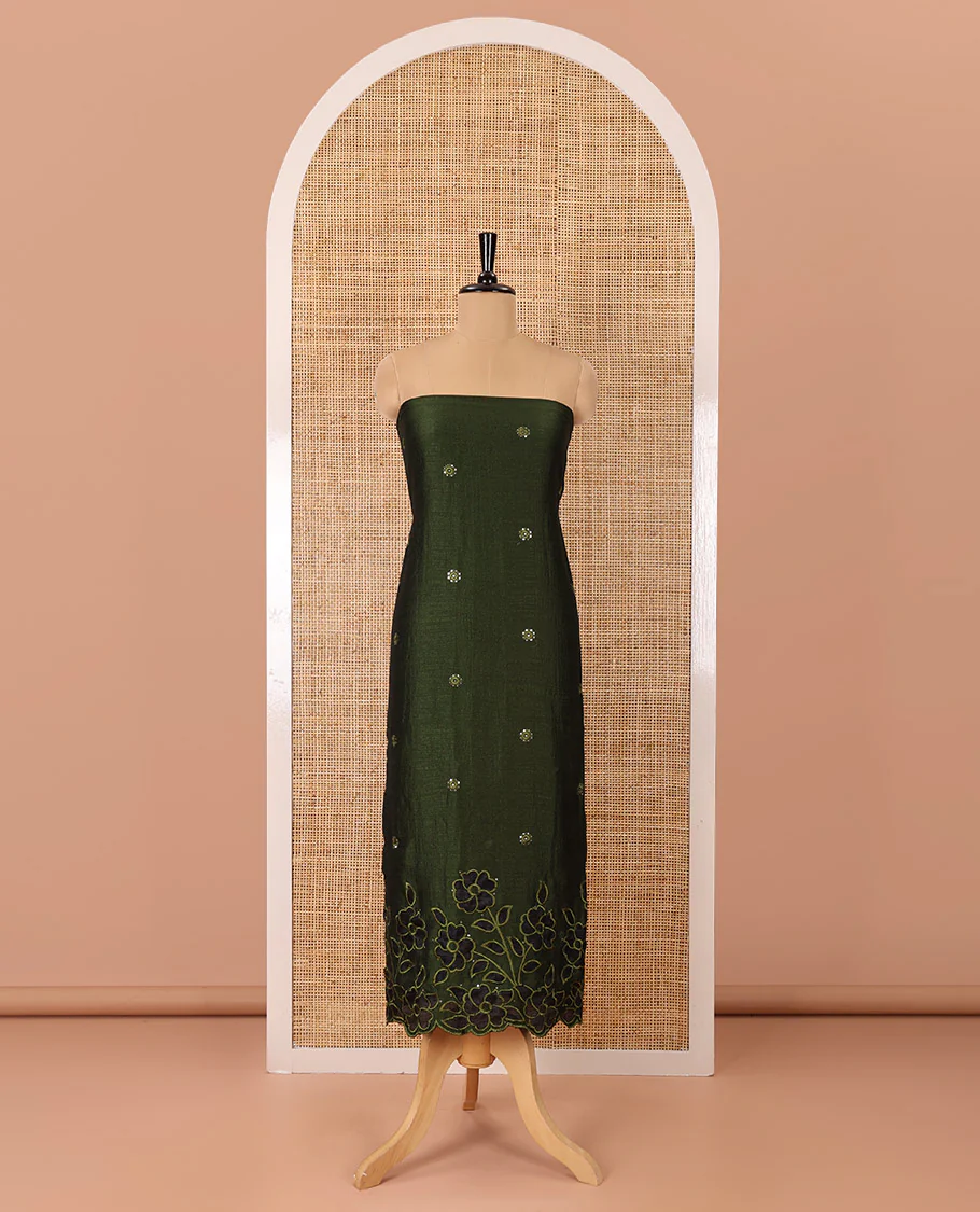 Green material chudidar set, sequins work with floral Aplic embroidered Vichitra silk top, matching bottom, and an embroidered dupatta - Image 4