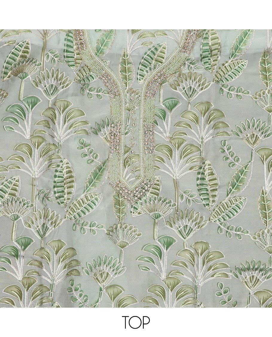 Green material chudidar set, tropical printed with neck embroidered top, plain bottom, and thread embroidered dupatta - Image 2