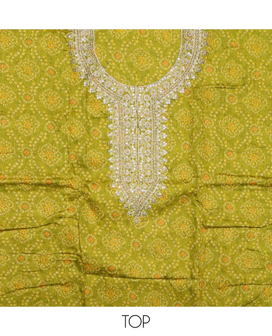 Green material churidar set, bandhani with neck embroidery cotton top, plain cotton bottom, and contrast sequins vine embroidered chanderi dupatta - Image 2