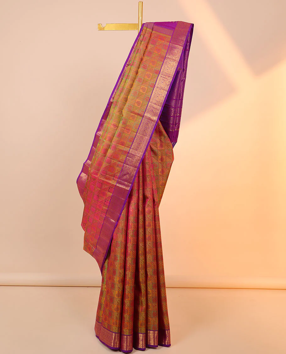 Green mayil chakram embossed Parampara silk saree, contrast jaal pallu & border of rekku,kathir,kodi visiry & mayil