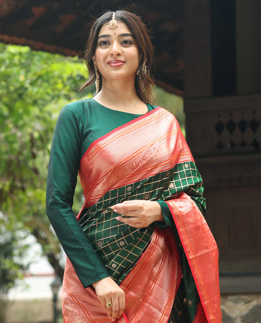 Green mayil chakram with zari checked Vasundhara silk saree, contrast intricate pallu, and border of thilakam mokku, diamond, and iruthalai pakshi designs - Image 2