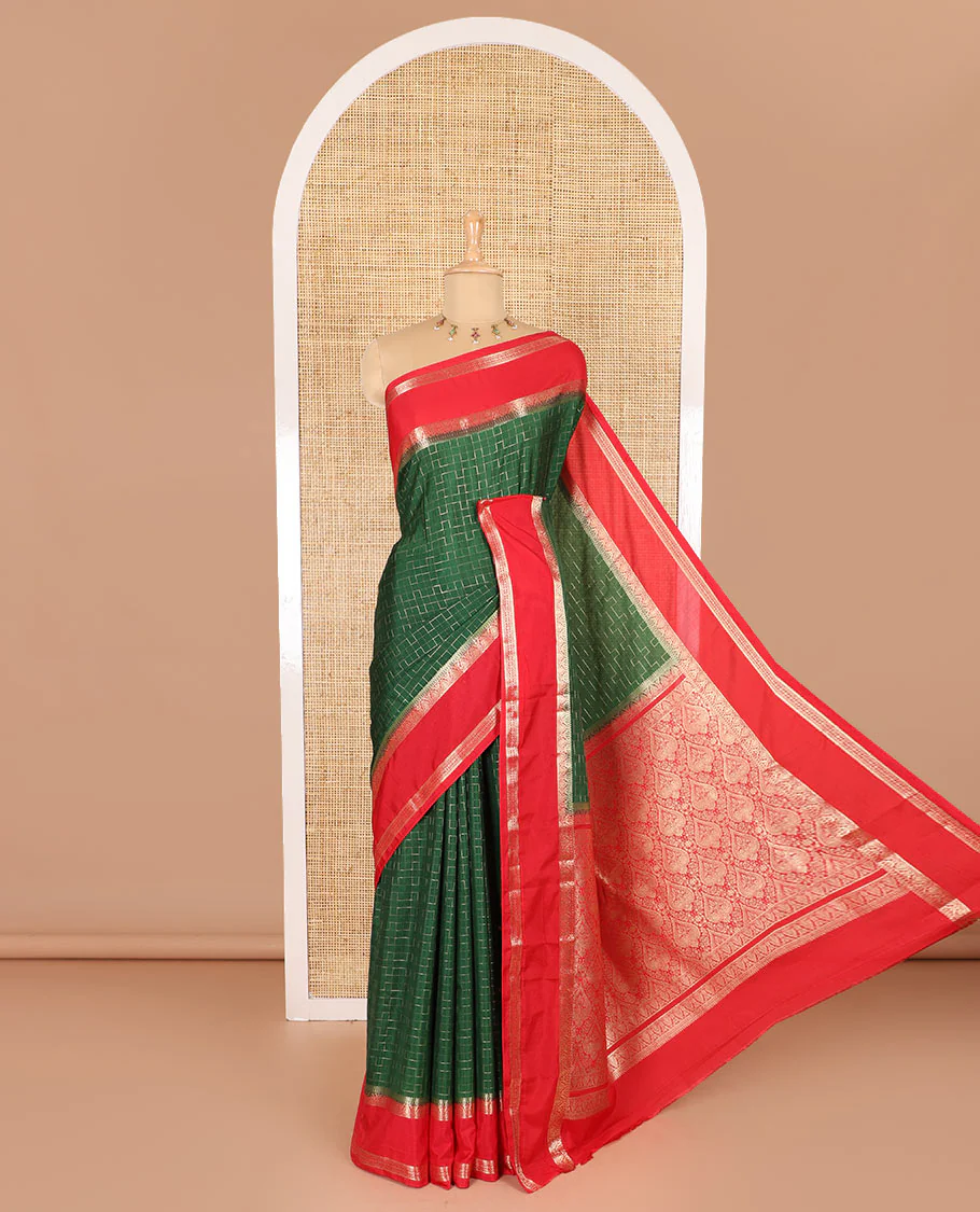 Green maze geometric-patterned semi-mysore silk saree, contrast rettai pettu traditional zari border, intricate pallu, and a contrast geometric-patterned zari-bordered blouse