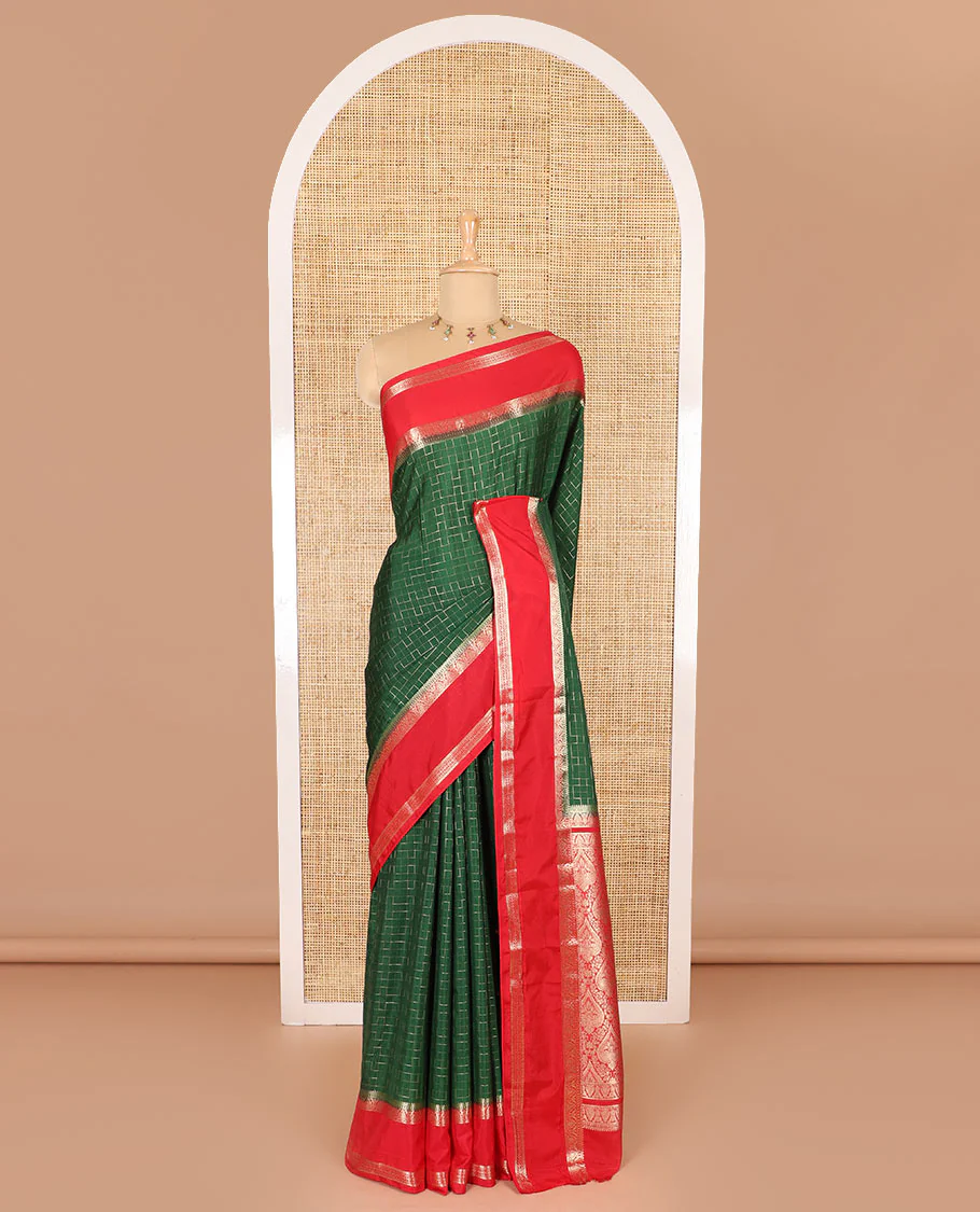 Green maze geometric-patterned semi-mysore silk saree, contrast rettai pettu traditional zari border, intricate pallu, and a contrast geometric-patterned zari-bordered blouse - Image 2