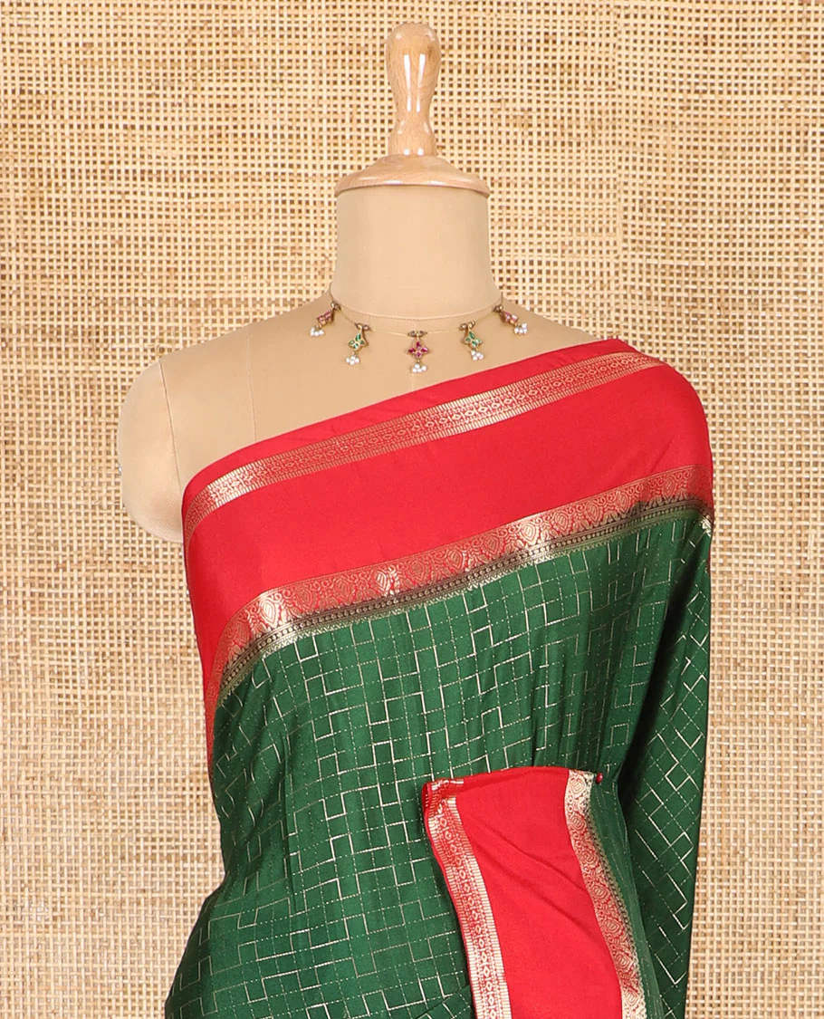 Green maze geometric-patterned semi-mysore silk saree, contrast rettai pettu traditional zari border, intricate pallu, and a contrast geometric-patterned zari-bordered blouse - Image 3