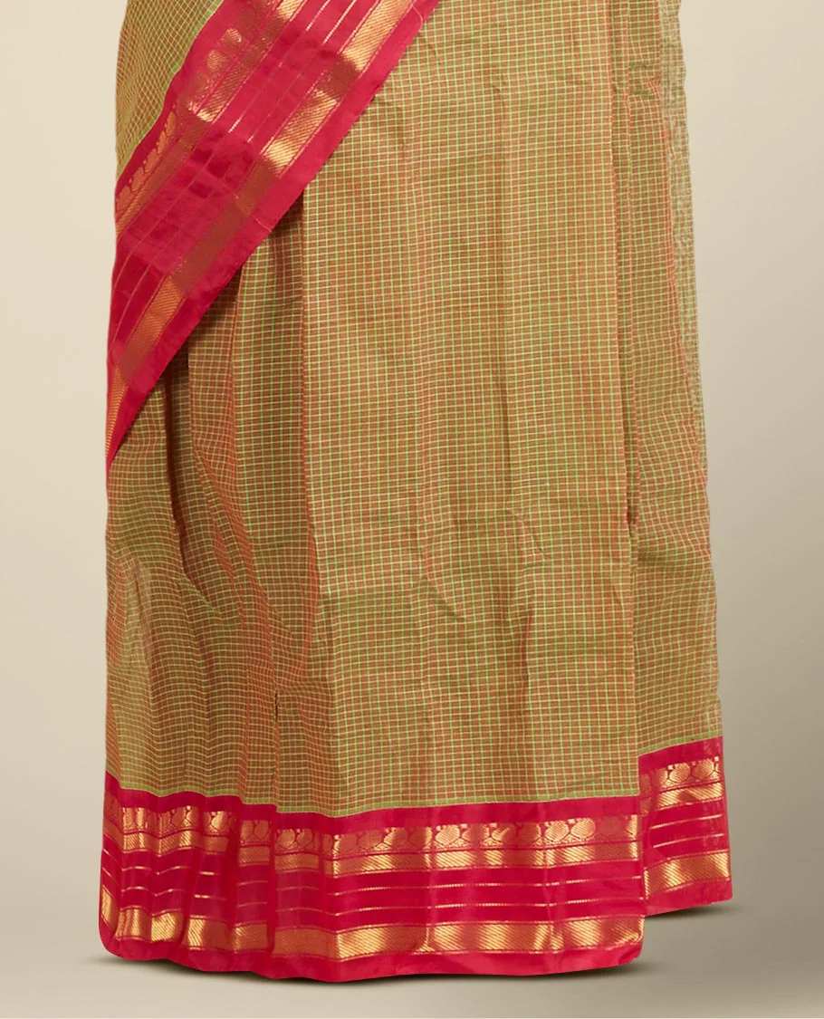 Green micro-checked design gadwal silksaree, contrast traditional zari design border & zari-rich pallu of zari stripes - Image 3