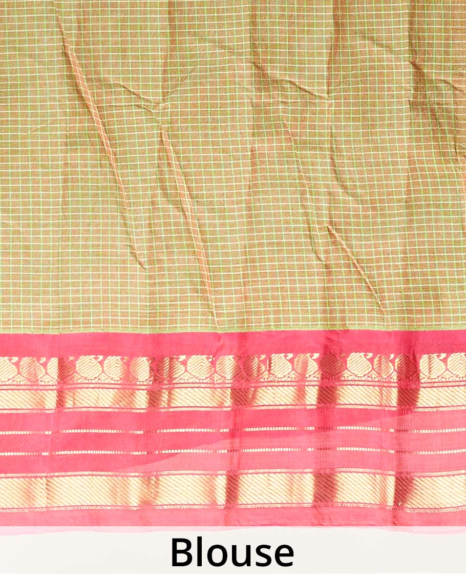 Green micro-checked design gadwal silksaree, contrast traditional zari design border & zari-rich pallu of zari stripes - Image 4