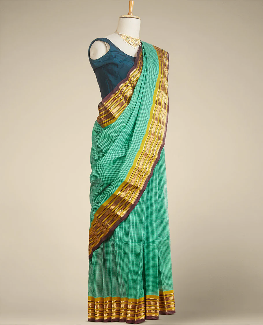 Green micro-checked gadwal saree, contrast border & pallu steeped with traditional zari designs - Image 2