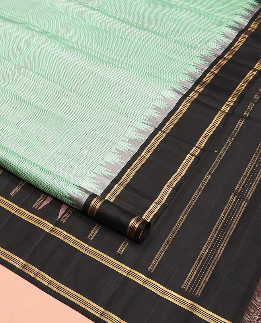 Green micro-checked Kanchipuram silk saree, contrast thazampoo rekku border, and zari striped pallu - Image 2