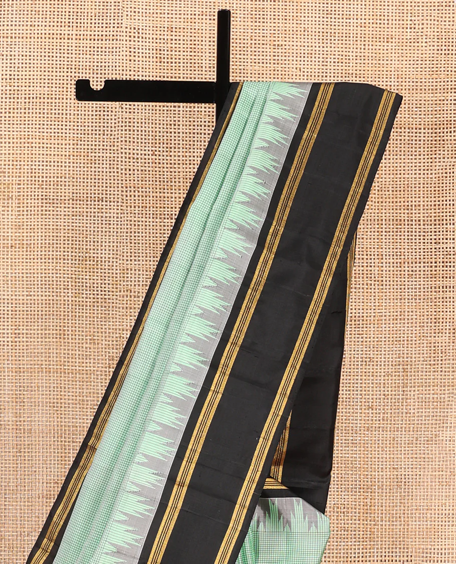 Green micro-checked Kanchipuram silk saree, contrast thazampoo rekku border, and zari striped pallu - Image 3
