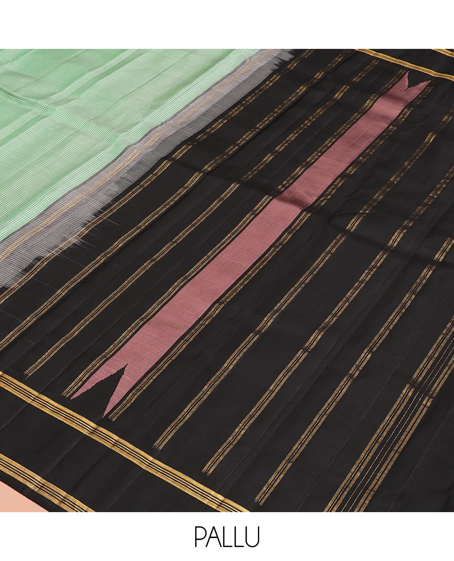 Green micro-checked Kanchipuram silk saree, contrast thazampoo rekku border, and zari striped pallu - Image 6