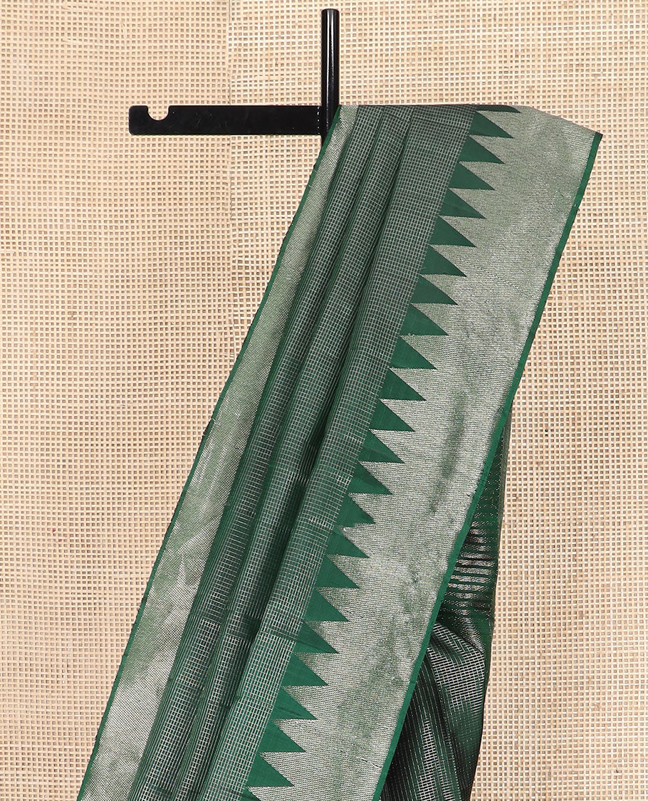 Green micro-checked Kanchipuram silk saree, thazampoo rekku zari border, and pallu of seppu rekku designs - Image 3