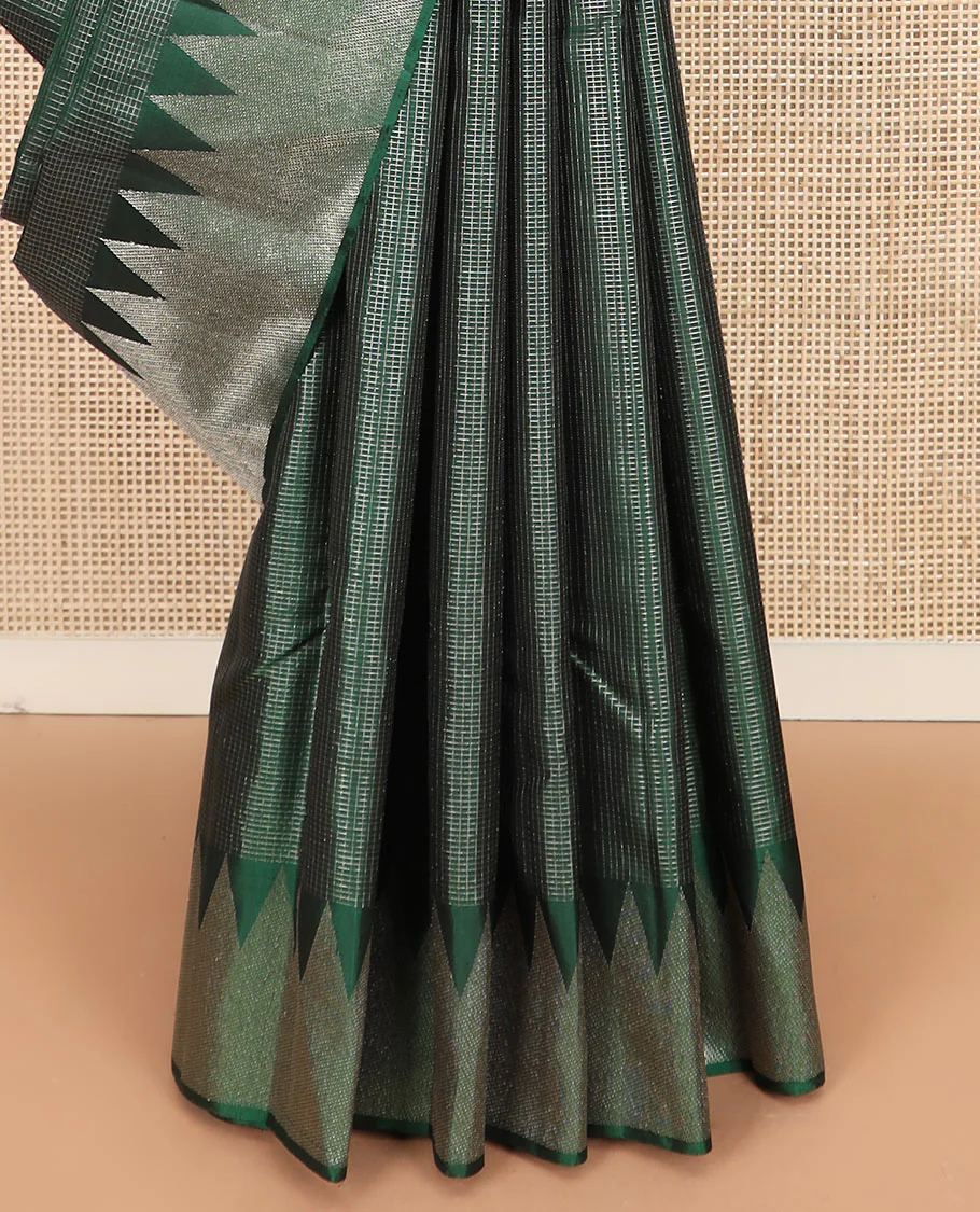 Green micro-checked Kanchipuram silk saree, thazampoo rekku zari border, and pallu of seppu rekku designs - Image 4