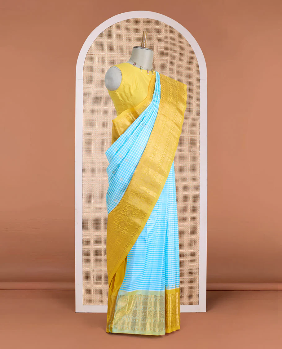 Green micro-checked & zari buttas gadwal silk saree, contrast traditional zari design woven border & zari-rich pallu