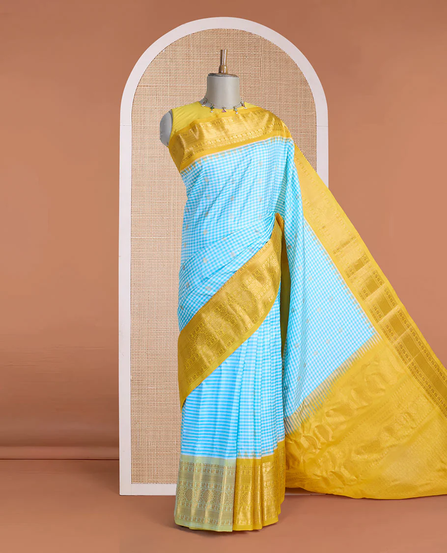 Green micro-checked & zari buttas gadwal silk saree, contrast traditional zari design woven border & zari-rich pallu - Image 2