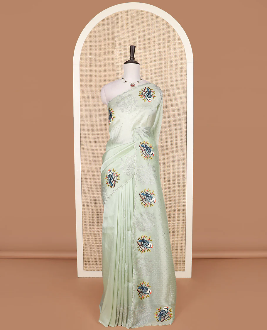 Green micro stone work designer saree with scallop stone work border of sparrow motifs digital print, and pallu of micro-stone work - Image 2