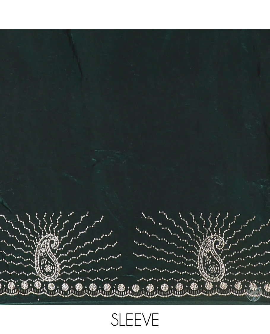 Green micro-stone work fendy chiffon saree with paisley stone work on its shoulder, a scallop stone work border, a butterfly style pallu, and a matching stone work blouse - Image 5