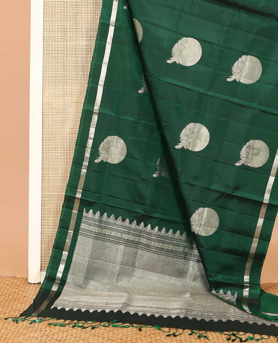 Green moon and peacock zari buttas Mayuri soft silk saree, chevron zari striped border, self-pallu of chevron stripes - Image 3