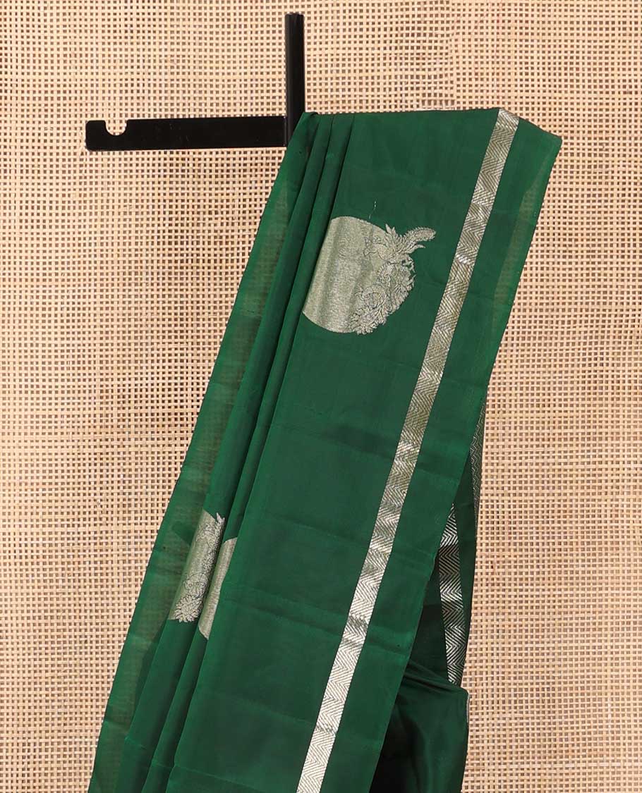 Green moon and peacock zari buttas Mayuri soft silk saree, chevron zari striped border, self-pallu of chevron stripes - Image 4