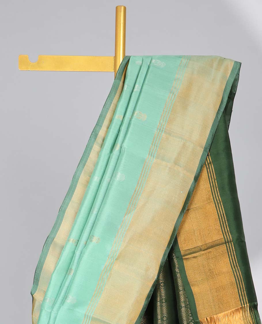 Green motifs uppada silk saree with contrast zari border & intricate floral zari design pallu - Image 3